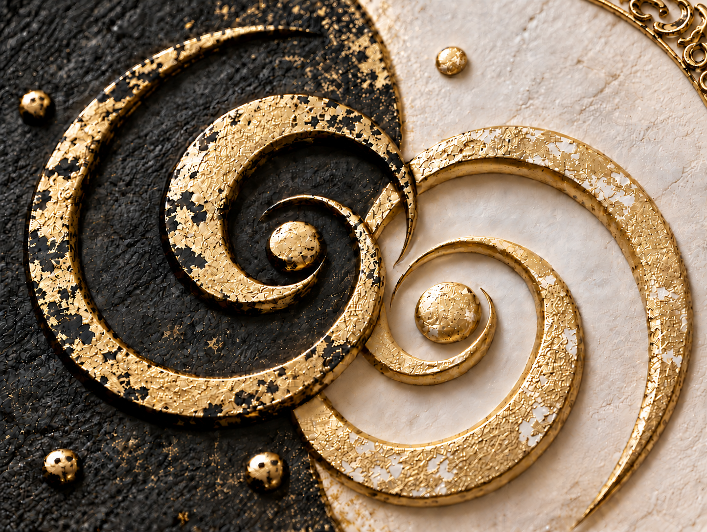 Two intertwined golden Tantra spirals on black and white backgrounds